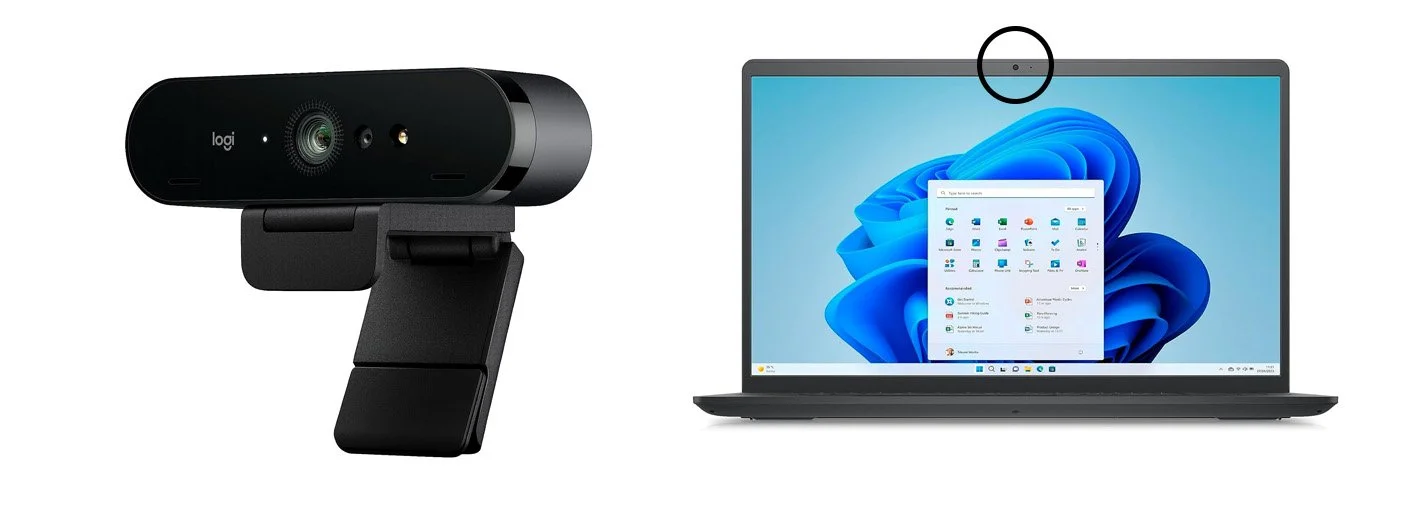 Logitech external webcam beside a laptop, with the laptop's built-in webcam circled
