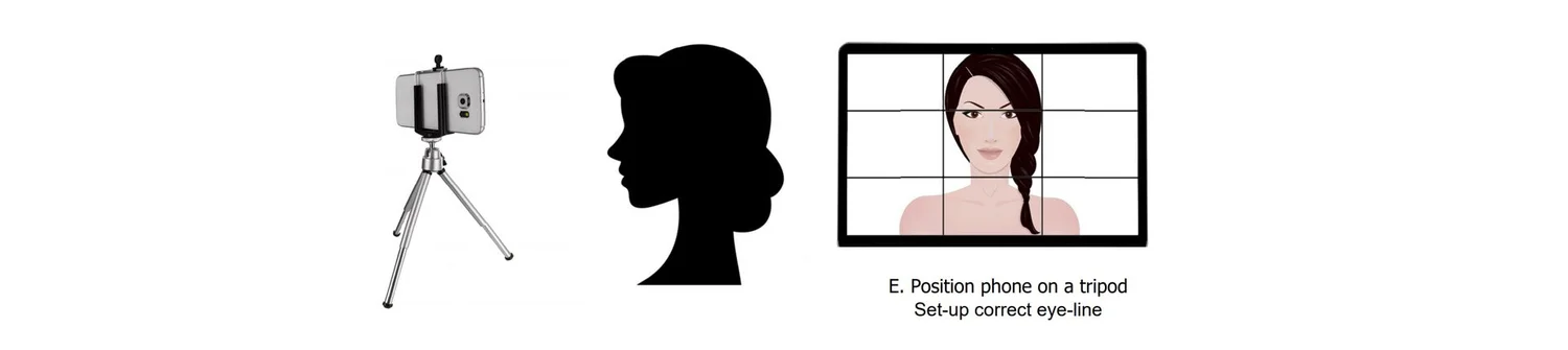 Illustration of a phone on a tripod set at eye level, a woman’s head in profile, and a framing grid on the phone screen